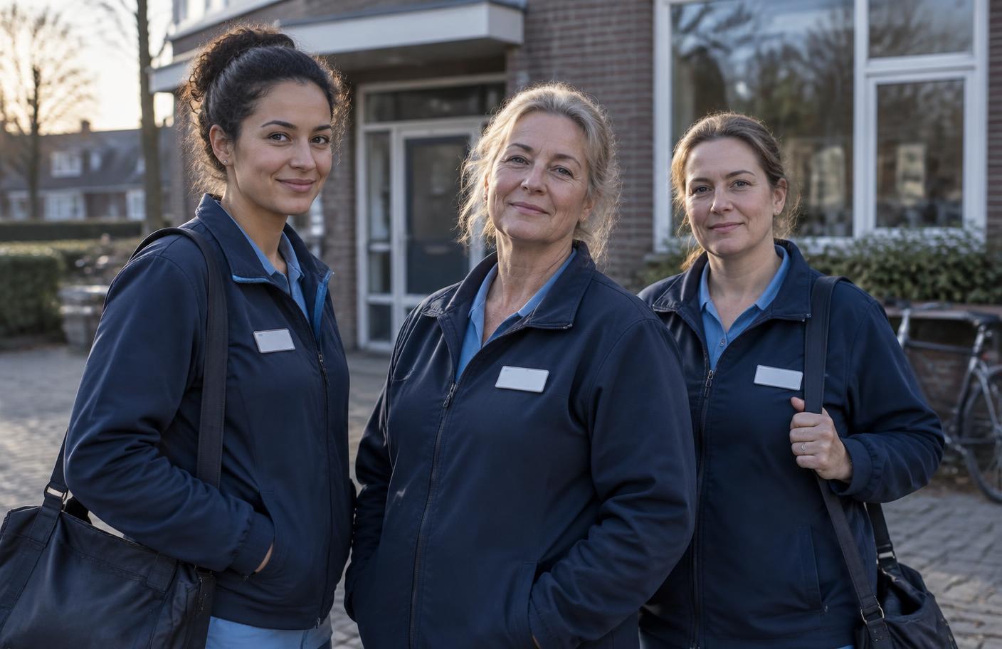 Drie medewerkers van Thuiszorg Versluys staan buiten in hun blauwe werkjacks